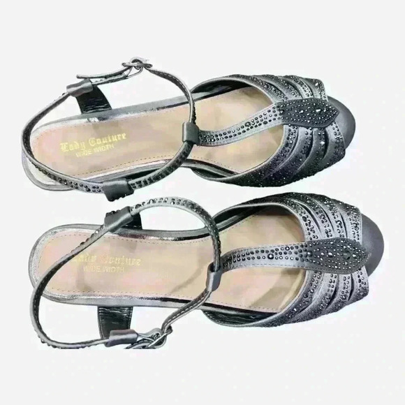 Lady Couture Betty 1 3/4" Heel Dressy Kitten Sandal Silver Pewter 9.5 (40)Wide - Picture 2 of 8